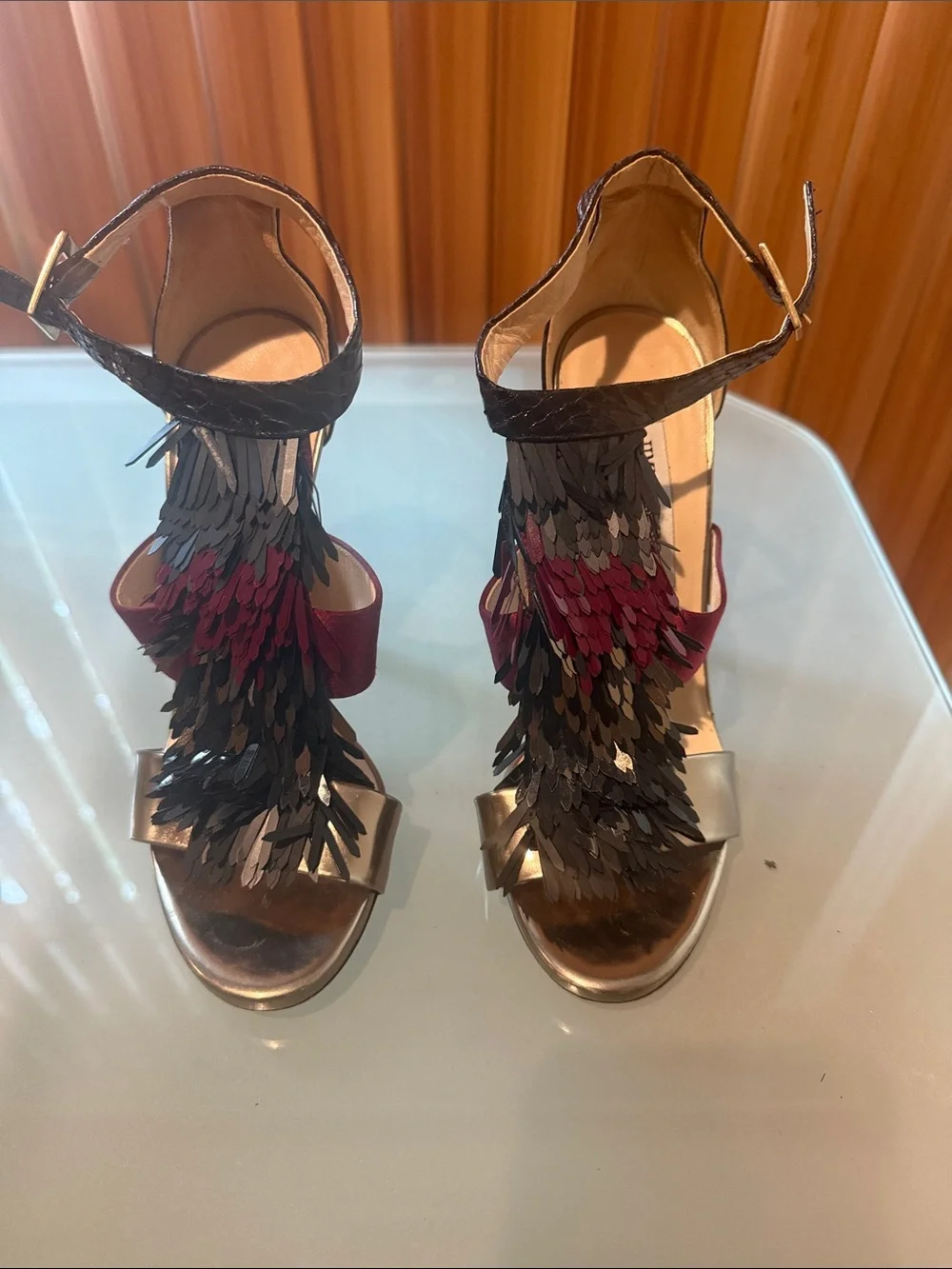 Jimmy Choo Metallic Bronze Sandal with Burgundy and Black Fringe